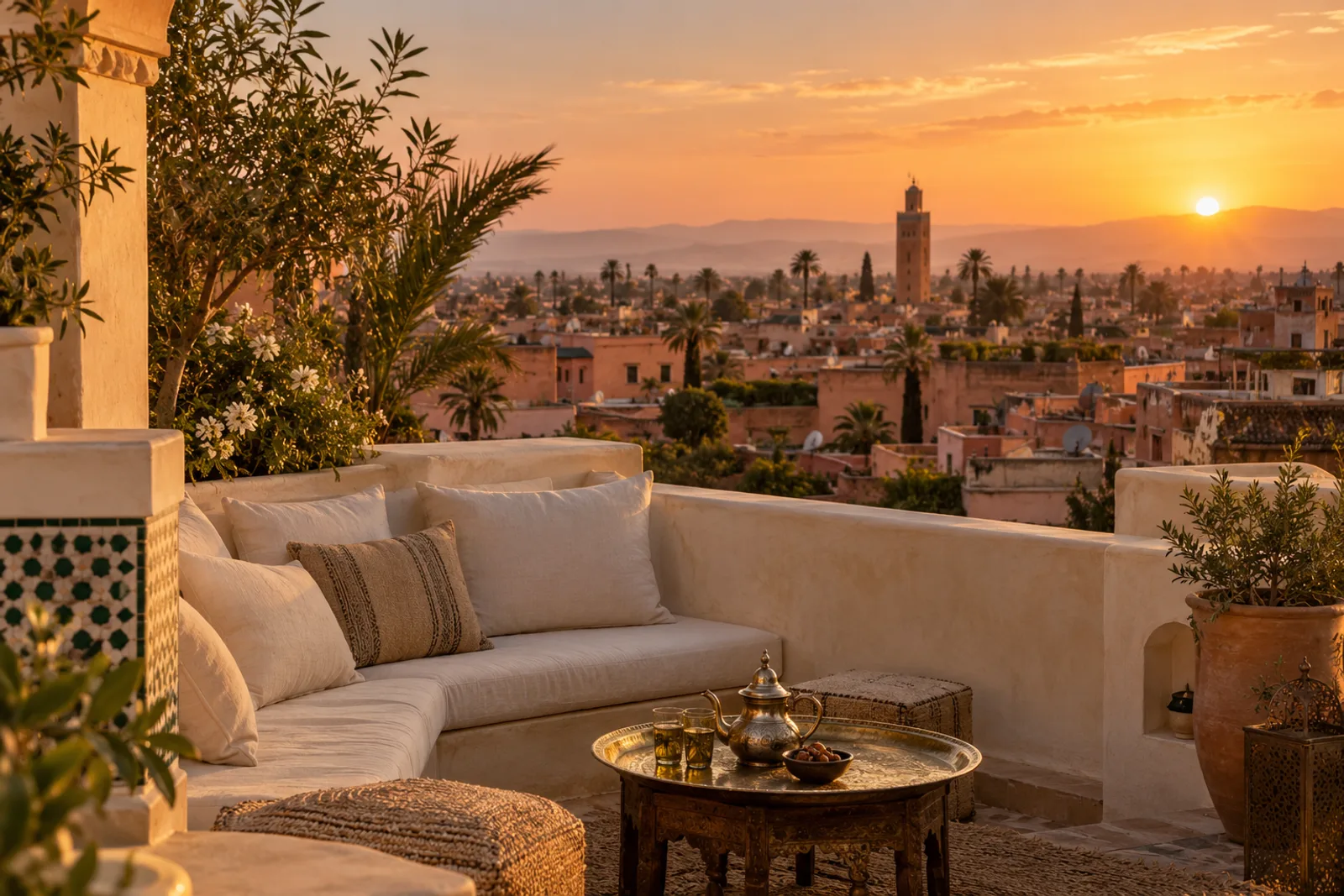 Atmosfera di Marrakech al tramonto: una terrazza di riad affacciata sui tetti della medina